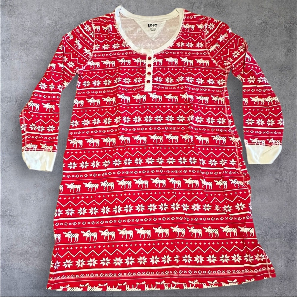 LazyOne Red Moose Nordic Print Nightshirt L/XL 100% Cotton Long Sleeve Pajama‎